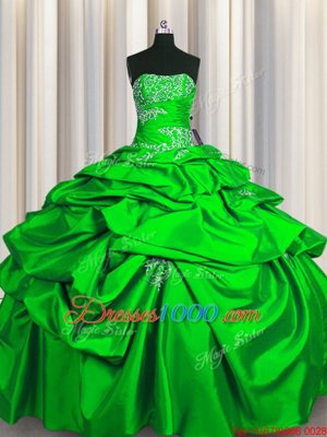 Strapless Sleeveless Sweet 16 Quinceanera Dress Floor Length Appliques and Pick Ups Green Taffeta