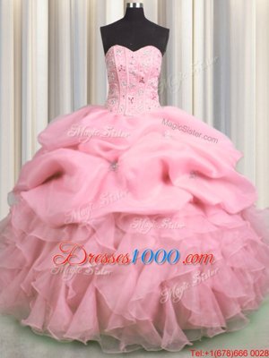 Visible Boning Floor Length Rose Pink Quinceanera Gown Organza Sleeveless Beading and Ruffles and Pick Ups