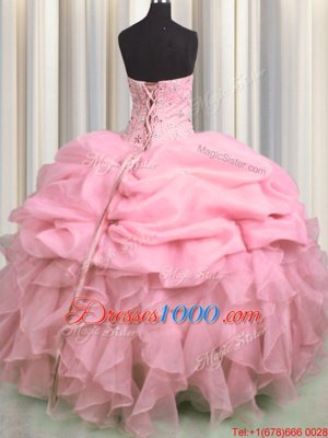Visible Boning Floor Length Rose Pink Quinceanera Gown Organza Sleeveless Beading and Ruffles and Pick Ups