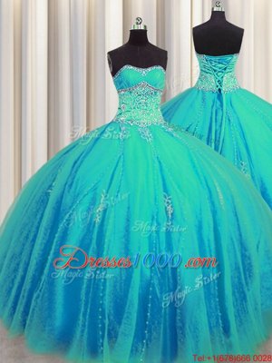 Modern Big Puffy Sleeveless Floor Length Beading and Appliques Lace Up Quinceanera Gowns with Aqua Blue