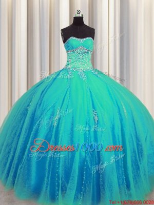 Modern Big Puffy Sleeveless Floor Length Beading and Appliques Lace Up Quinceanera Gowns with Aqua Blue