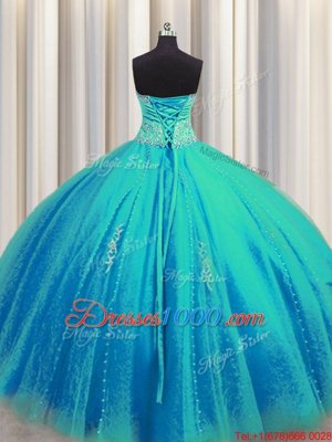 Modern Big Puffy Sleeveless Floor Length Beading and Appliques Lace Up Quinceanera Gowns with Aqua Blue