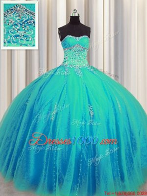 Modern Big Puffy Sleeveless Floor Length Beading and Appliques Lace Up Quinceanera Gowns with Aqua Blue