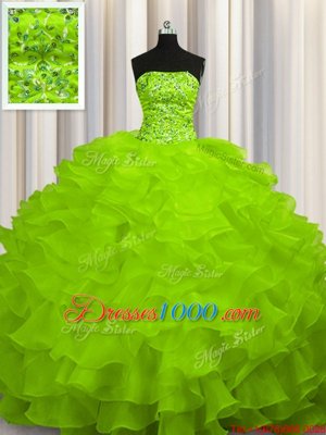 Sweep Train Sleeveless Beading and Ruffles Lace Up Quinceanera Gown