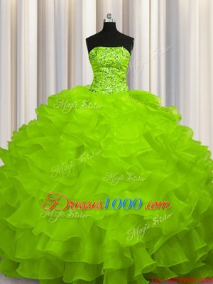 Sweep Train Sleeveless Beading and Ruffles Lace Up Quinceanera Gown