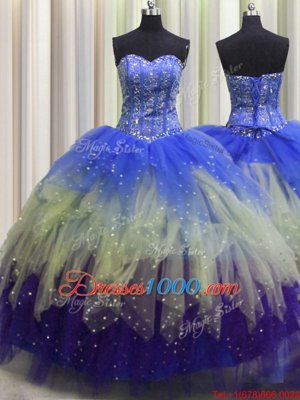 Visible Boning Beading and Ruffles and Sequins Sweet 16 Quinceanera Dress Multi-color Lace Up Sleeveless Floor Length