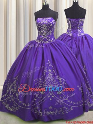 Purple Ball Gowns Taffeta Strapless Sleeveless Beading and Embroidery Floor Length Lace Up Sweet 16 Quinceanera Dress