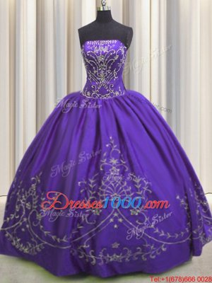 Purple Ball Gowns Taffeta Strapless Sleeveless Beading and Embroidery Floor Length Lace Up Sweet 16 Quinceanera Dress