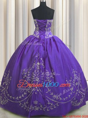 Purple Ball Gowns Taffeta Strapless Sleeveless Beading and Embroidery Floor Length Lace Up Sweet 16 Quinceanera Dress