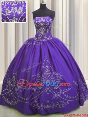 Purple Ball Gowns Taffeta Strapless Sleeveless Beading and Embroidery Floor Length Lace Up Sweet 16 Quinceanera Dress