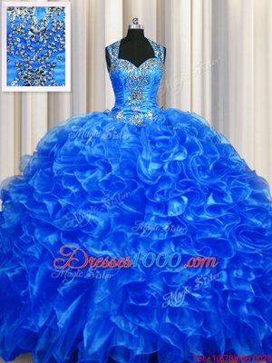 Zipper Up See Through Back Straps Sleeveless Organza Quinceanera Gown Beading and Ruffles Sweep Train Zipper