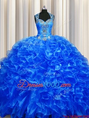 Zipper Up See Through Back Straps Sleeveless Organza Quinceanera Gown Beading and Ruffles Sweep Train Zipper