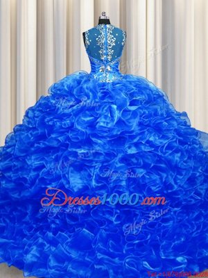 Zipper Up See Through Back Straps Sleeveless Organza Quinceanera Gown Beading and Ruffles Sweep Train Zipper