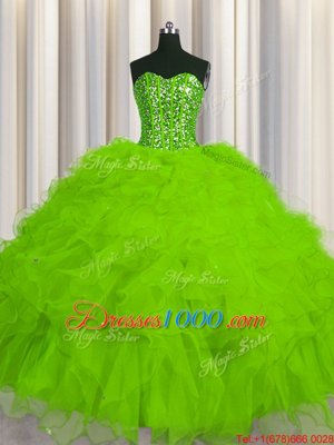 Visible Boning Ball Gowns Sweetheart Sleeveless Tulle Floor Length Lace Up Beading and Ruffles and Sequins 15th Birthday Dress