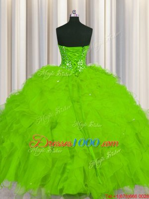 Visible Boning Ball Gowns Sweetheart Sleeveless Tulle Floor Length Lace Up Beading and Ruffles and Sequins 15th Birthday Dress