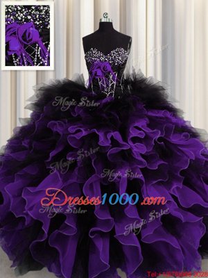 Fancy Black And Purple Lace Up Sweetheart Beading and Ruffles Sweet 16 Dress Organza and Tulle Sleeveless