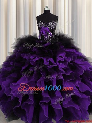 Fancy Black And Purple Lace Up Sweetheart Beading and Ruffles Sweet 16 Dress Organza and Tulle Sleeveless