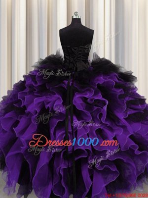 Fancy Black And Purple Lace Up Sweetheart Beading and Ruffles Sweet 16 Dress Organza and Tulle Sleeveless