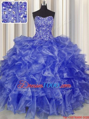 Customized Visible Boning Organza Strapless Sleeveless Lace Up Beading and Ruffles Sweet 16 Dresses in Blue