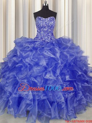 Customized Visible Boning Organza Strapless Sleeveless Lace Up Beading and Ruffles Sweet 16 Dresses in Blue