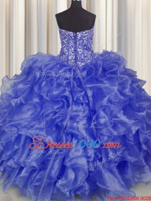 Customized Visible Boning Organza Strapless Sleeveless Lace Up Beading and Ruffles Sweet 16 Dresses in Blue