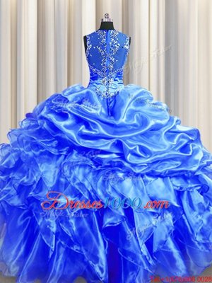 Edgy Zipper Up See Through Back Blue Quinceanera Dress Military Ball and Sweet 16 and Quinceanera and For with Beading and Ruffles and Pick Ups Straps Sleeveless Zipper