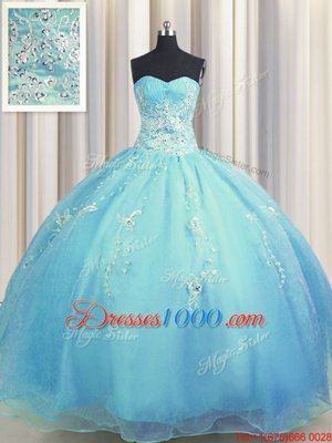 Zipper Up Baby Blue and Light Blue Zipper Sweetheart Beading and Appliques Quinceanera Gown Organza Sleeveless