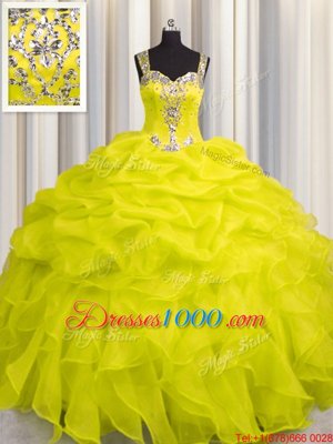 Exceptional See Through Zipper Up Yellow Zipper Sweet 16 Dresses Appliques and Ruffles Sleeveless Floor Length