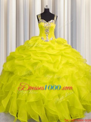 Exceptional See Through Zipper Up Yellow Zipper Sweet 16 Dresses Appliques and Ruffles Sleeveless Floor Length