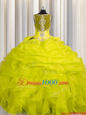 Exceptional See Through Zipper Up Yellow Zipper Sweet 16 Dresses Appliques and Ruffles Sleeveless Floor Length