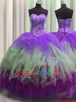 Visible Boning Sleeveless Tulle Floor Length Lace Up Quinceanera Gown in Multi-color for with Beading and Ruffles and Sequins