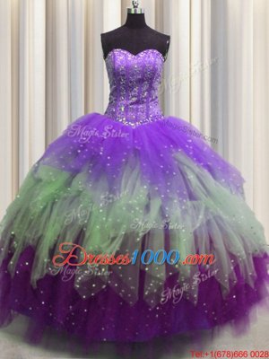 Visible Boning Sleeveless Tulle Floor Length Lace Up Quinceanera Gown in Multi-color for with Beading and Ruffles and Sequins