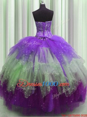 Visible Boning Sleeveless Tulle Floor Length Lace Up Quinceanera Gown in Multi-color for with Beading and Ruffles and Sequins