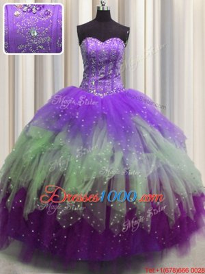 Visible Boning Sleeveless Tulle Floor Length Lace Up Quinceanera Gown in Multi-color for with Beading and Ruffles and Sequins