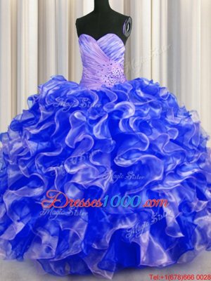 Delicate Royal Blue Sweetheart Lace Up Beading and Ruffles 15th Birthday Dress Sleeveless