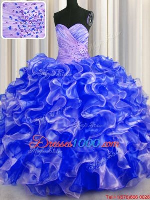 Delicate Royal Blue Sweetheart Lace Up Beading and Ruffles 15th Birthday Dress Sleeveless