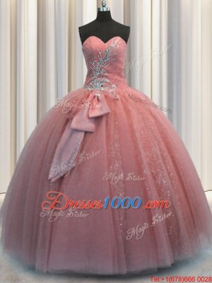 Flirting Sequins Bowknot Sweetheart Sleeveless Lace Up Sweet 16 Dress Watermelon Red Tulle