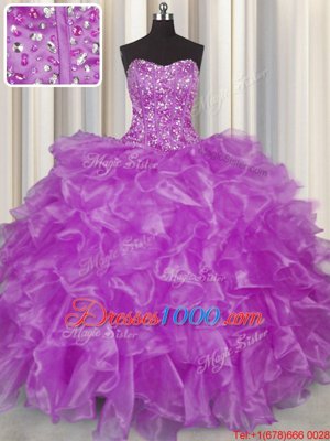 Eye-catching Visible Boning Strapless Sleeveless Organza Sweet 16 Quinceanera Dress Beading and Ruffles Lace Up