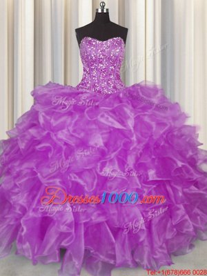 Eye-catching Visible Boning Strapless Sleeveless Organza Sweet 16 Quinceanera Dress Beading and Ruffles Lace Up