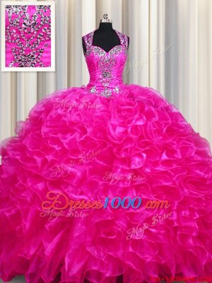 Custom Design Zipper Up See Through Back Fuchsia Zipper Straps Beading and Ruffles Quince Ball Gowns Organza Sleeveless Sweep Train