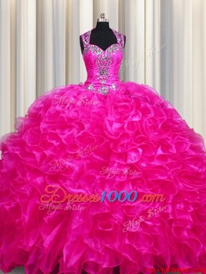 Custom Design Zipper Up See Through Back Fuchsia Zipper Straps Beading and Ruffles Quince Ball Gowns Organza Sleeveless Sweep Train