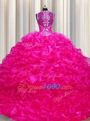 Custom Design Zipper Up See Through Back Fuchsia Zipper Straps Beading and Ruffles Quince Ball Gowns Organza Sleeveless Sweep Train