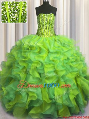 Visible Boning Beaded Bodice Floor Length Lace Up 15 Quinceanera Dress Multi-color and In for Military Ball and Sweet 16 and Quinceanera with Beading and Ruffles