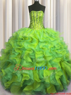 Visible Boning Beaded Bodice Floor Length Lace Up 15 Quinceanera Dress Multi-color and In for Military Ball and Sweet 16 and Quinceanera with Beading and Ruffles