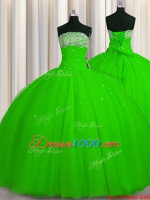 Pretty Big Puffy Tulle Sleeveless Floor Length Quinceanera Gowns and Beading and Sequins