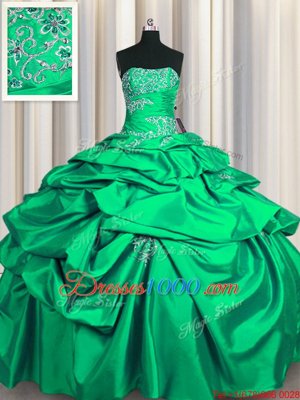 Artistic Turquoise Lace Up Strapless Appliques and Pick Ups Quince Ball Gowns Taffeta Sleeveless
