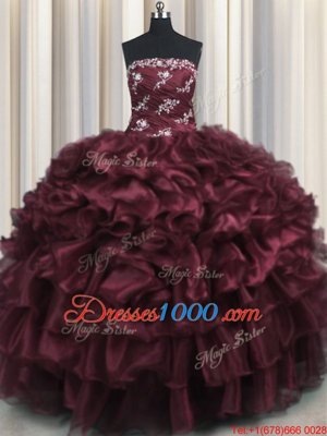 Wine Red Strapless Lace Up Appliques and Ruffles and Ruffled Layers 15th Birthday Dress Sleeveless