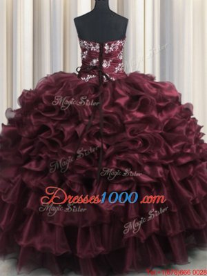 Wine Red Strapless Lace Up Appliques and Ruffles and Ruffled Layers 15th Birthday Dress Sleeveless