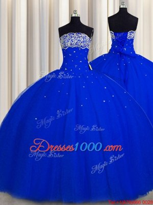 Really Puffy Strapless Sleeveless Quinceanera Dresses Floor Length Beading and Sequins Royal Blue Tulle