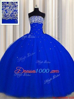 Really Puffy Strapless Sleeveless Quinceanera Dresses Floor Length Beading and Sequins Royal Blue Tulle